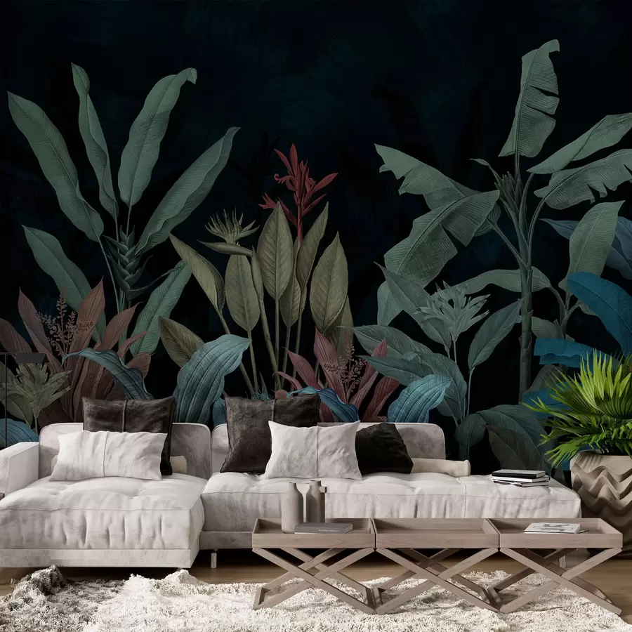 wall murals Tropical leaves and flowers on a dark background w01834