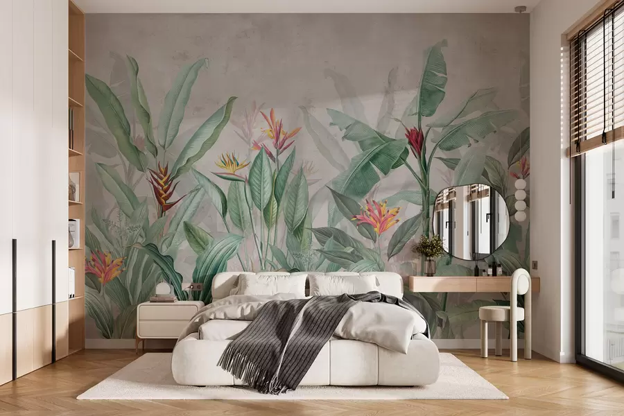 wall murals Tropical leaves and flowers on a light background w01834v1