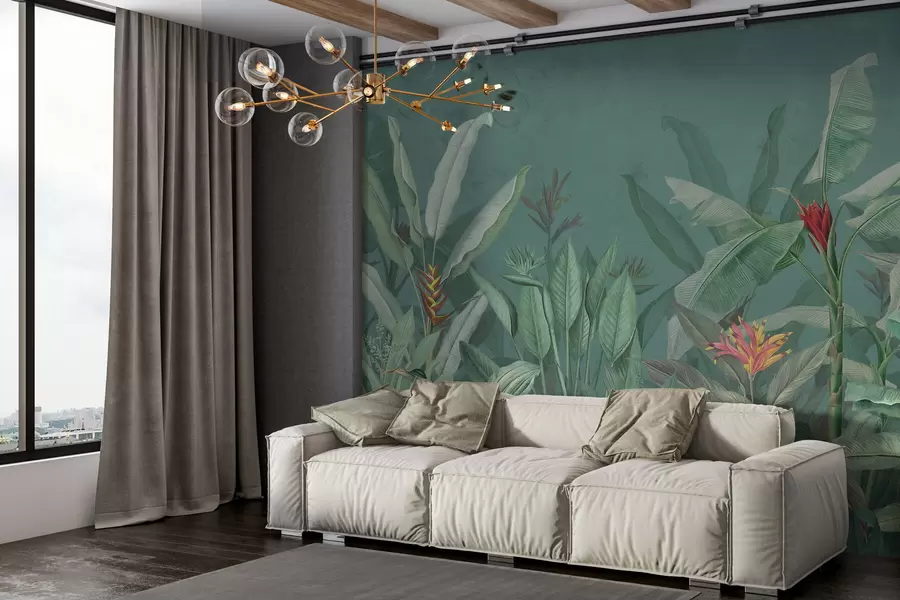 wall murals Tropical leaves and flowers on a green background w01834v2