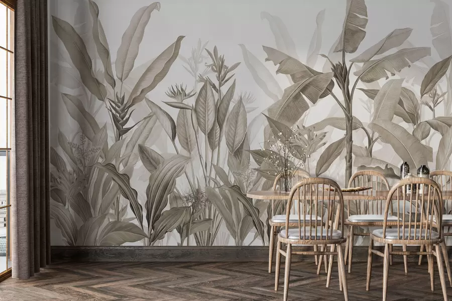 wall murals Tropical leaves and flowers on a light background in sepia style w01834v4