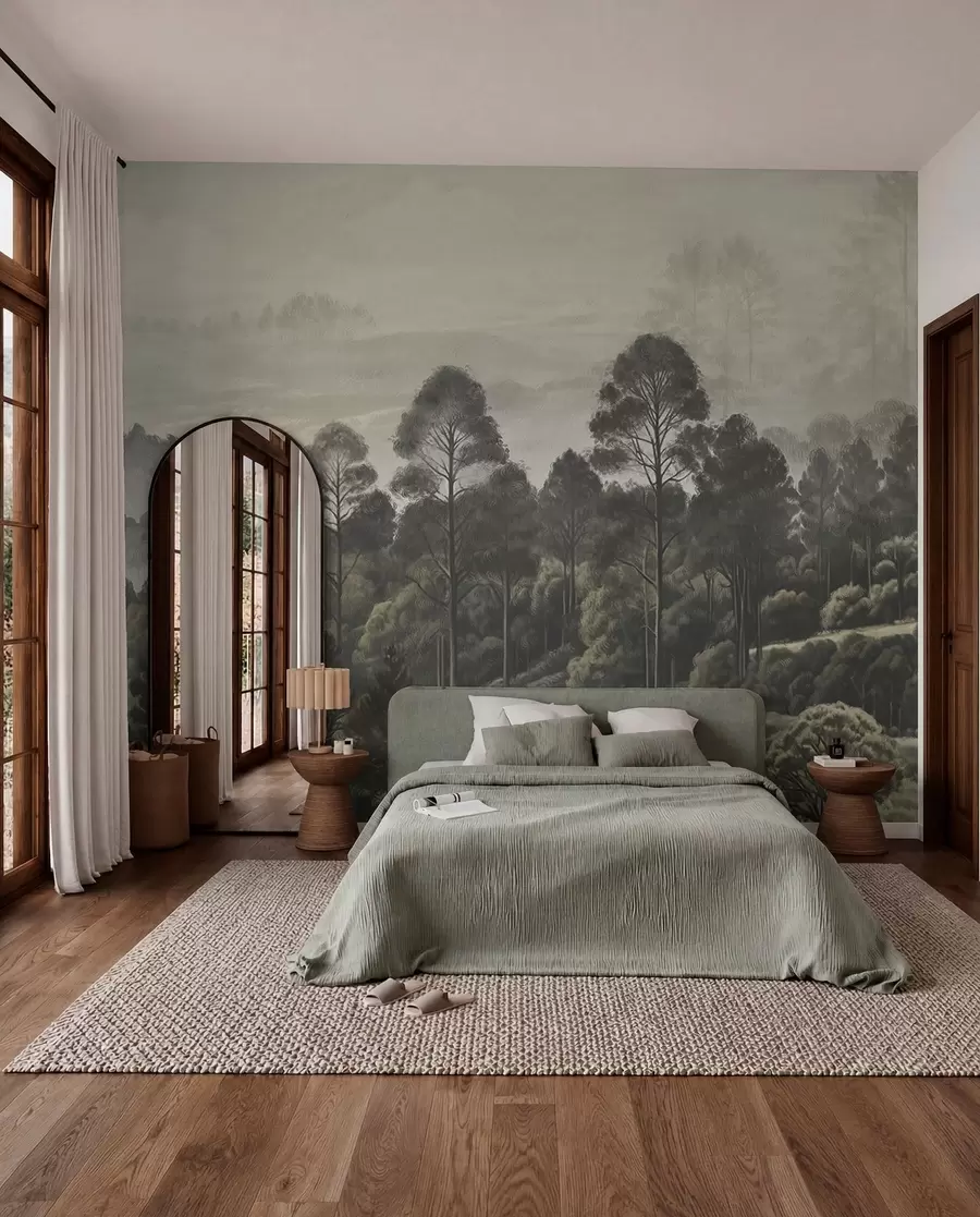 wall murals Dense forest and foggy valley w01871