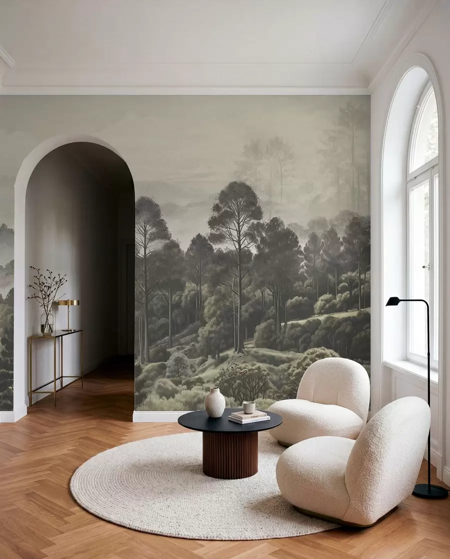 wall murals Dense forest and foggy valley w01871