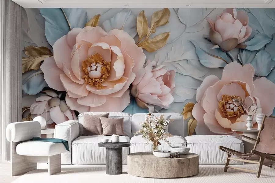 wall murals Luxurious petals and pink peonies in pastel blue and pink tones w01826