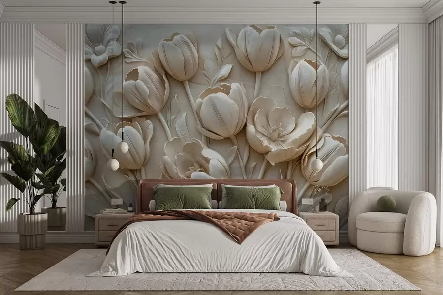 wall murals 3D floral art with graceful tulips in beige color w01851
