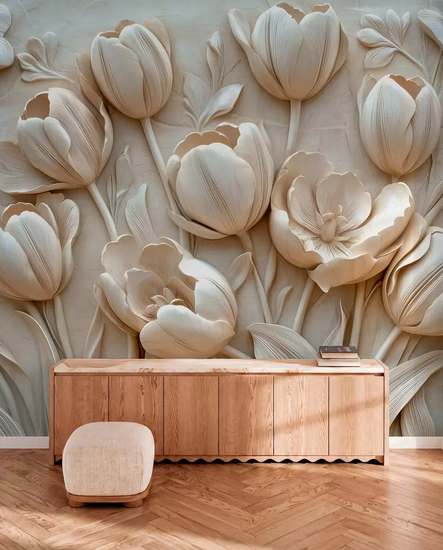 wall murals 3D floral art with graceful tulips in beige color w01851