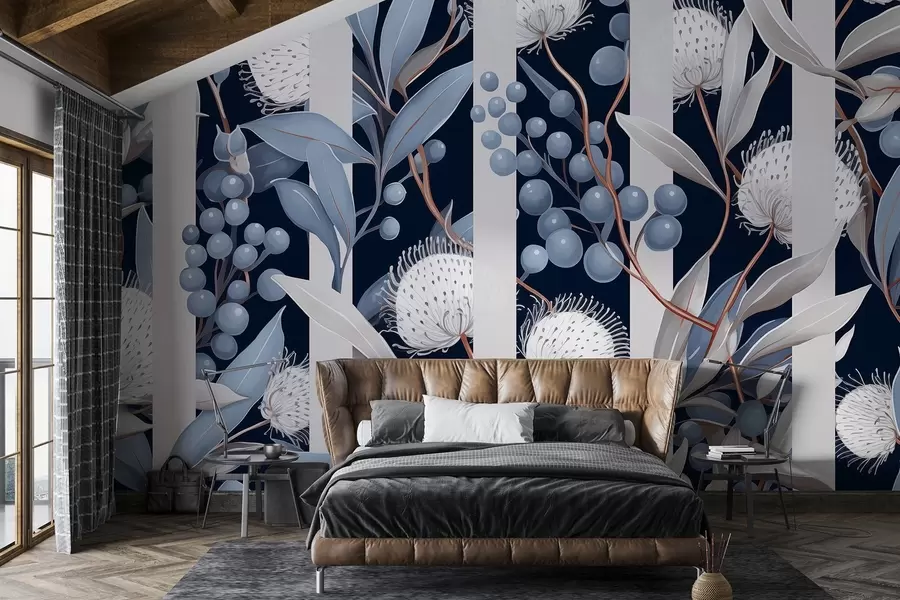 wall murals Flowers ornament with wild berries, vintage, blue and grey colors w01886