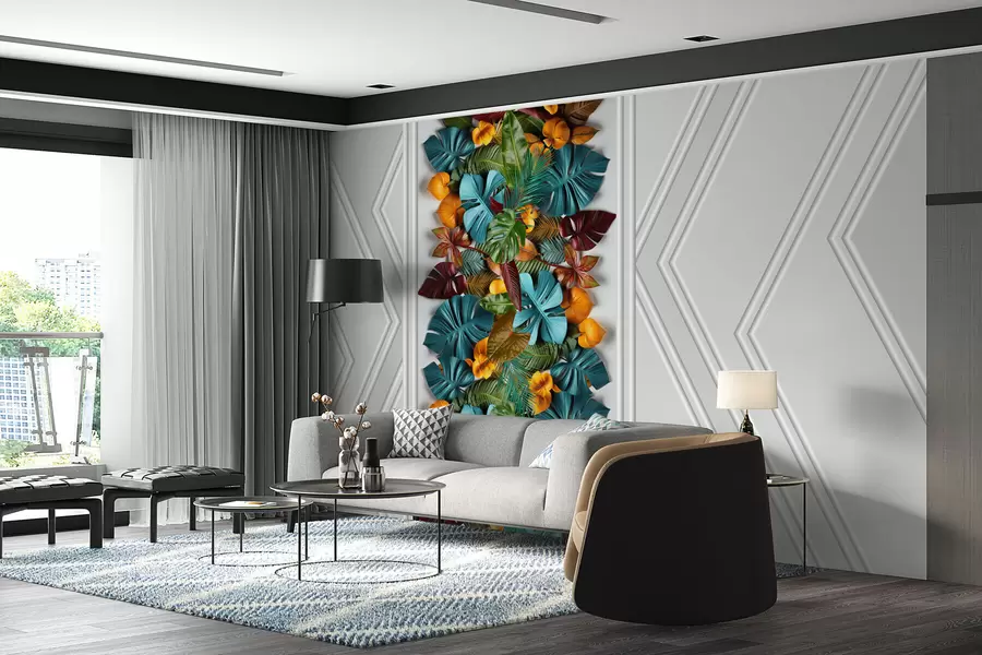 wall murals 3D wallpaper with colorful tropical leaves and geometry on a gray background w01876