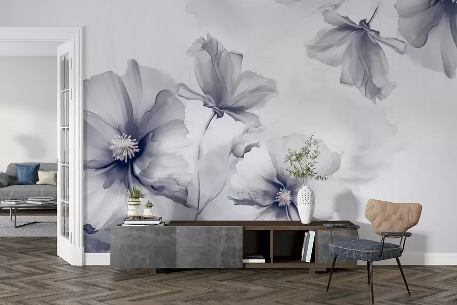wall murals Airy translucent blue flowers dissolving in the morning light w01938v2