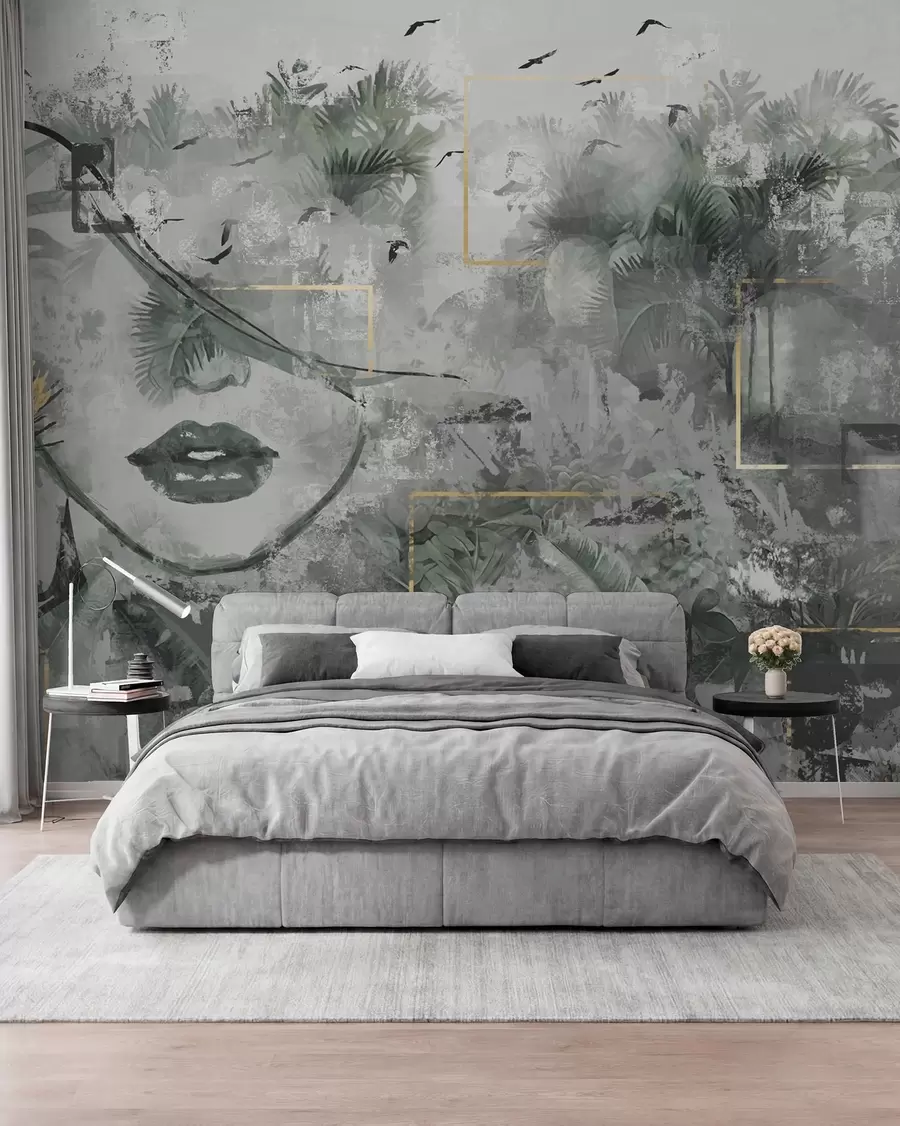 wall murals Grunge rainforest and silhouette of a girl's face w01916d1
