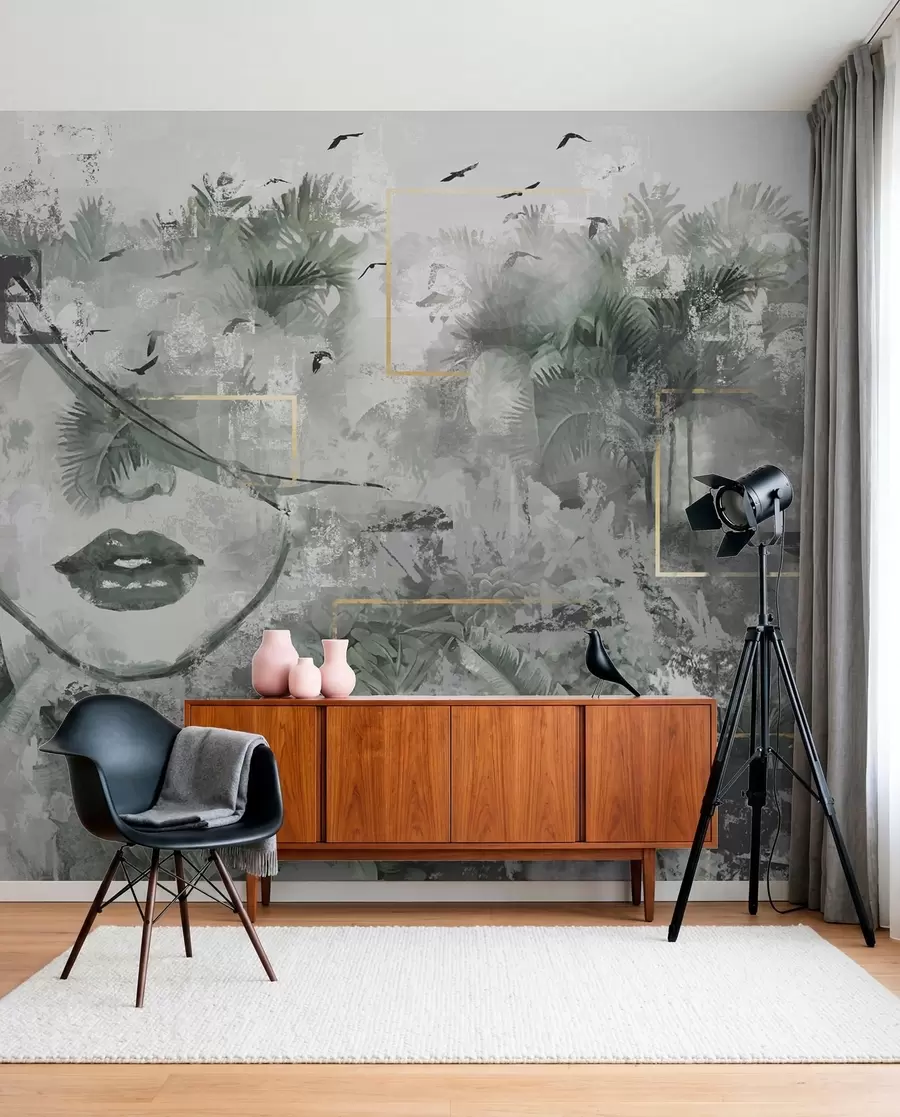 wall murals Grunge rainforest and silhouette of a girl's face w01916d1
