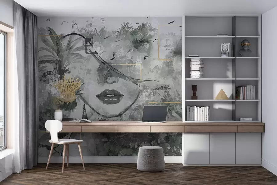 wall murals Grunge rainforest and silhouette of a girl's face w01916d1