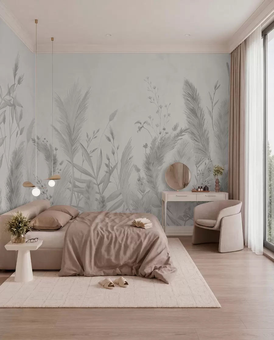 wall murals Tall field grasses and flowers in neutral colors w02004