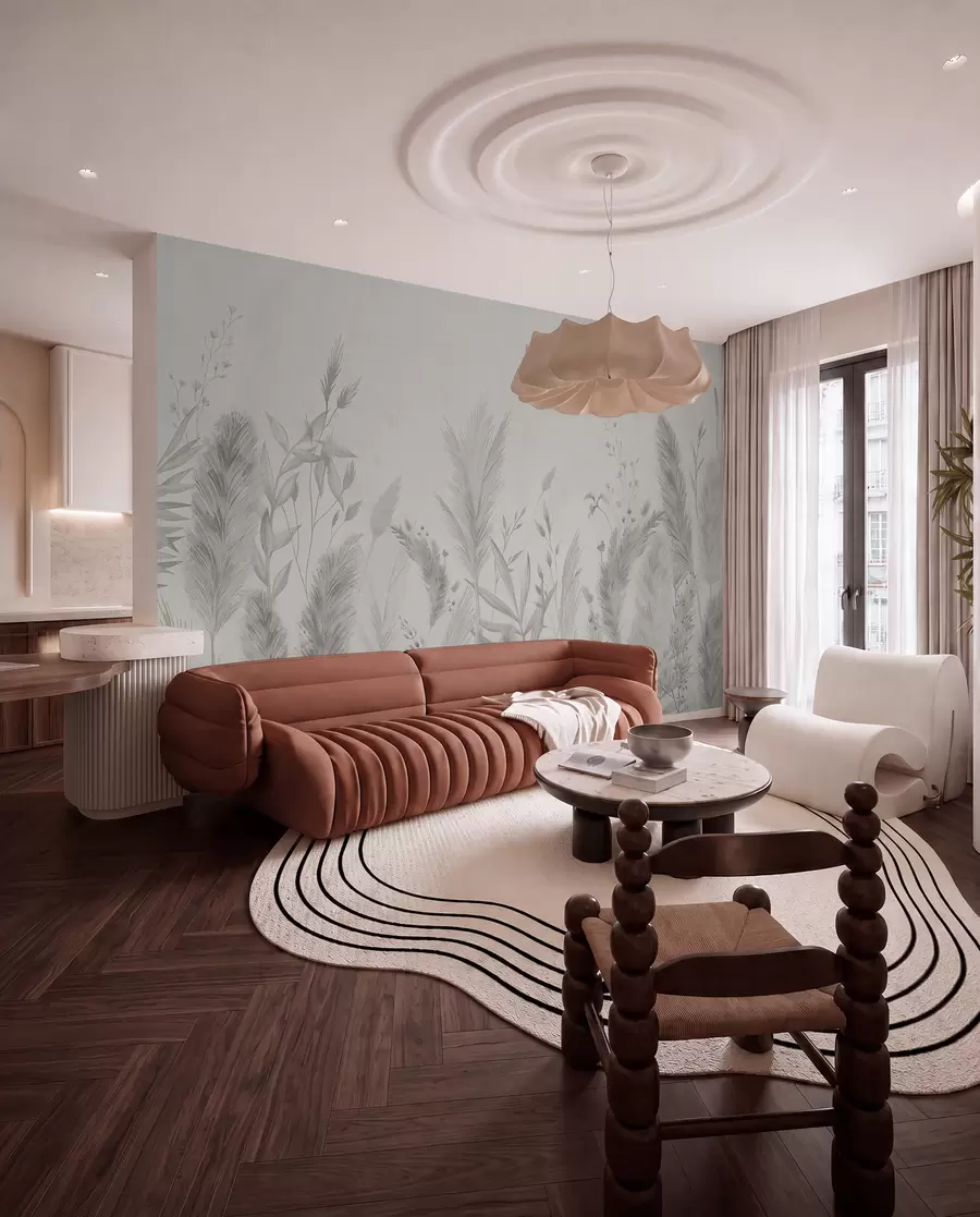 wall murals Tall field grasses and flowers in neutral colors w02004