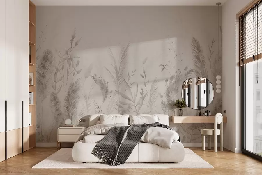 wall murals Tall field grasses and flowers in pastel colors w02004v1