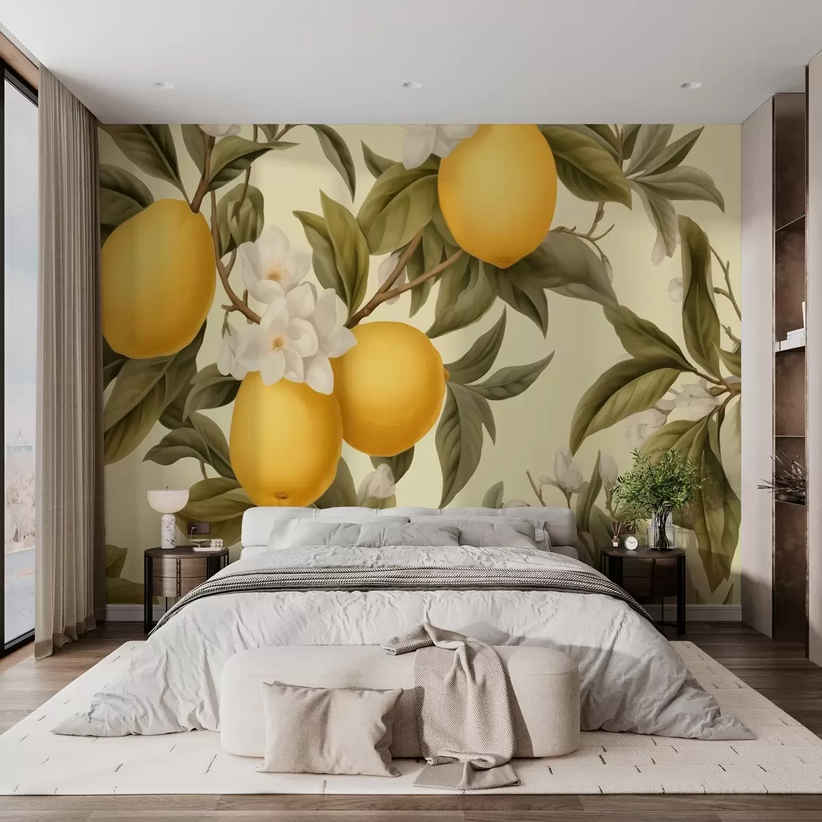 wall murals Juicy lemons with white flowers on the branches w01977