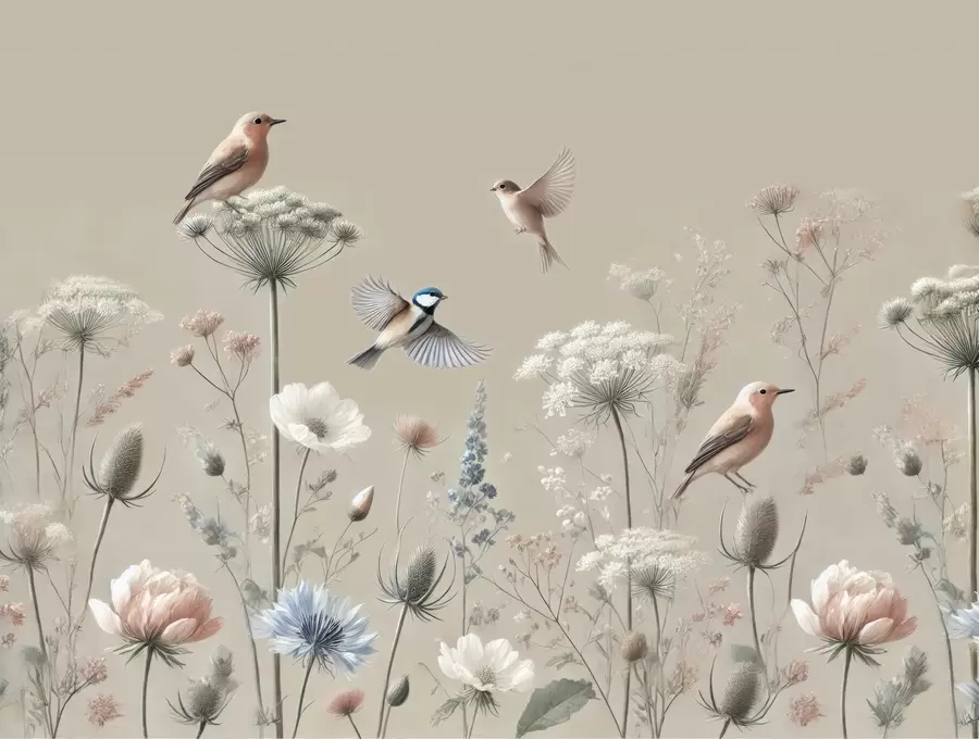 wall murals Delicate wildflowers with birds on a beige background w01958