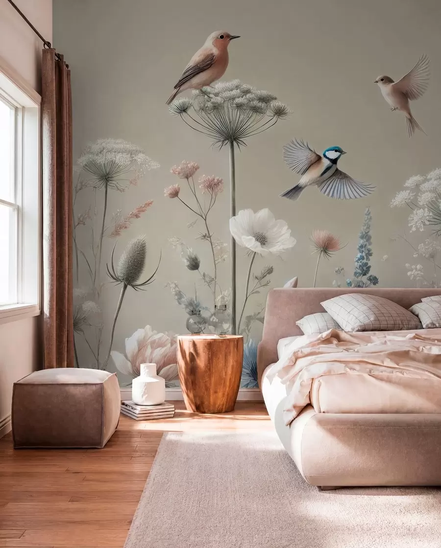 wall murals Delicate wildflowers with birds on a beige background w01958