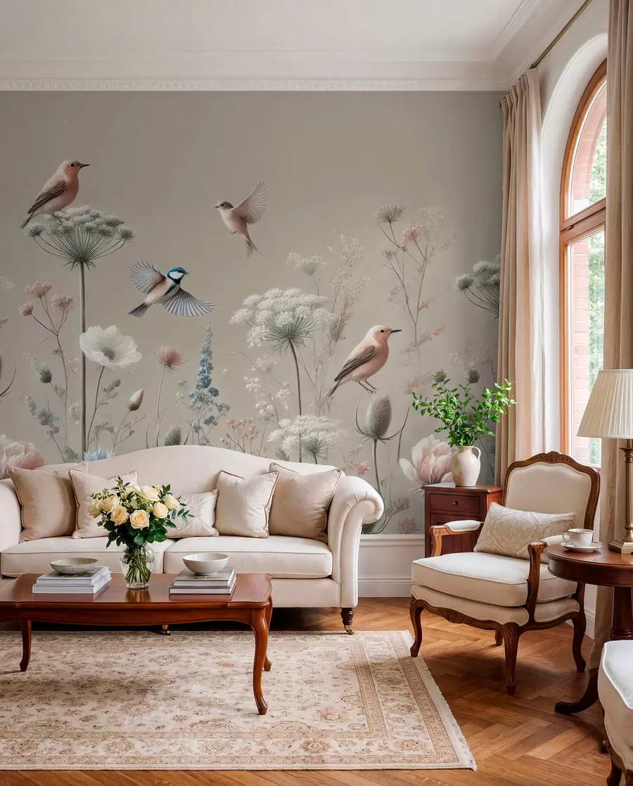 wall murals Delicate wildflowers with birds on a beige background w01958