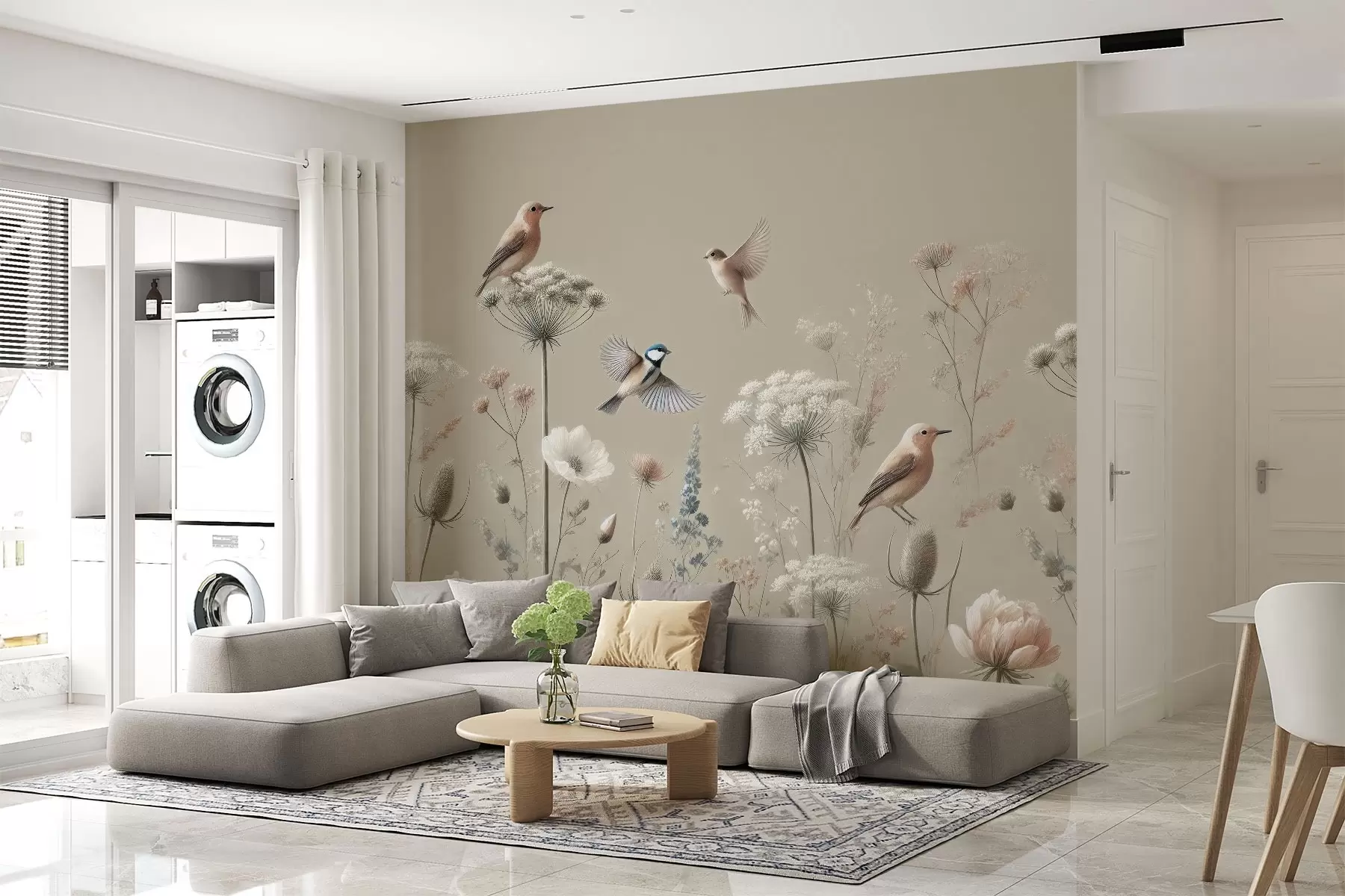 wall murals Delicate wildflowers with birds on a beige background w01958