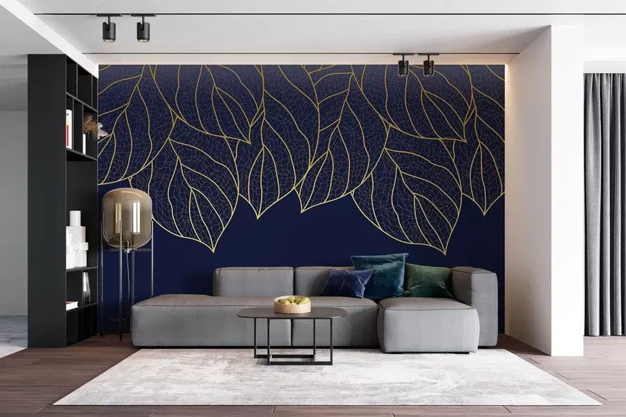 wall murals Minimalist wallpaper silhouettes of large yellow leaves with veins on a blue background w01960v3