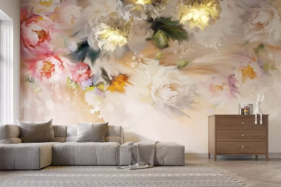 wall murals Acrylic peonies, brush strokes, floral, soft pastel beige colors w02021v2