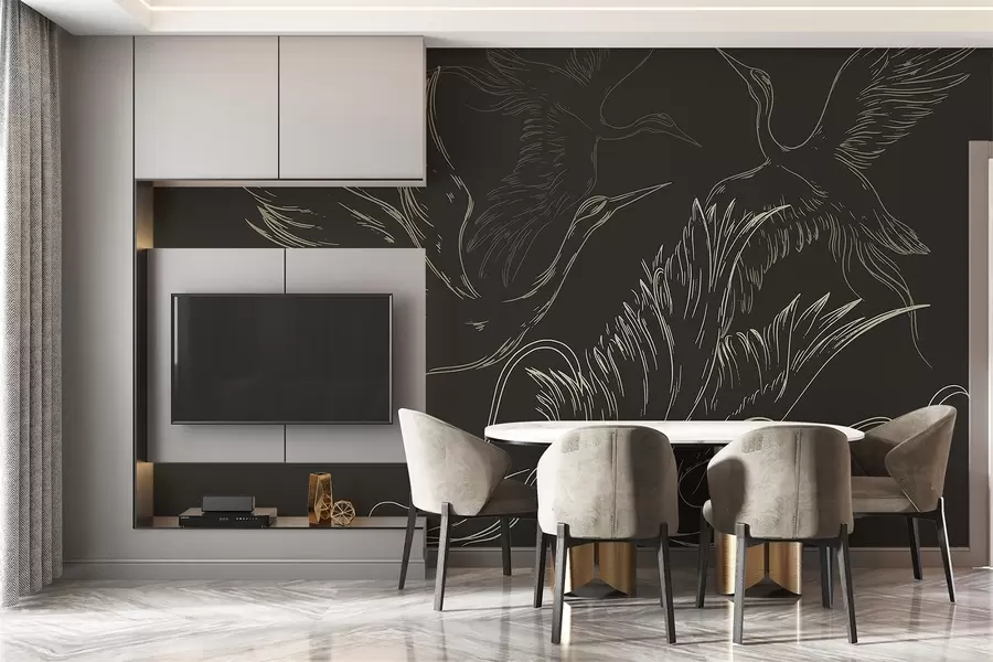 wall murals Birds flying, minimalism, line art, nature, dark background w02061v3