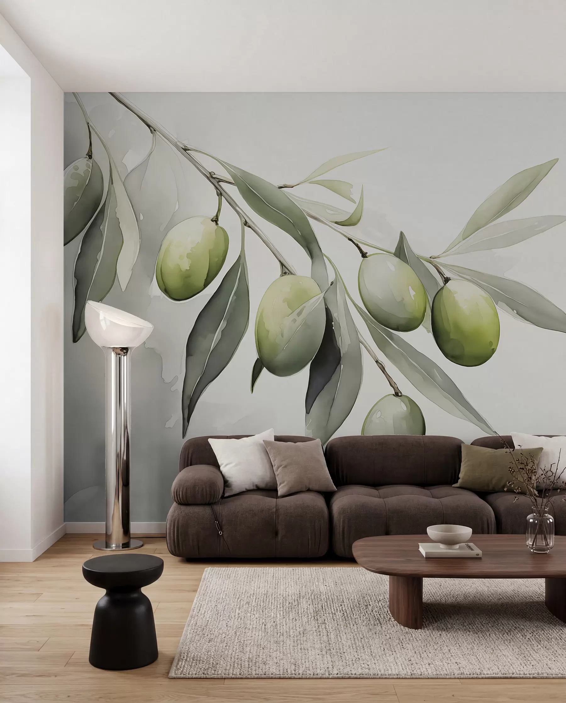 wall murals Branch with green olives wet watercolor w02042