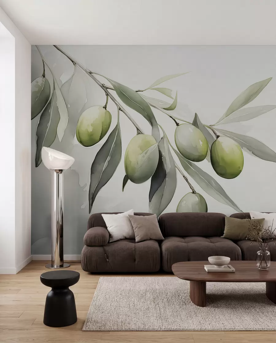 wall murals Branch with green olives wet watercolor w02042
