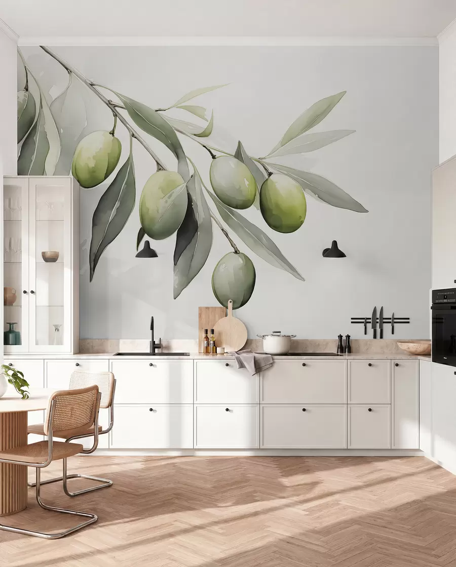 wall murals Branch with green olives wet watercolor w02042