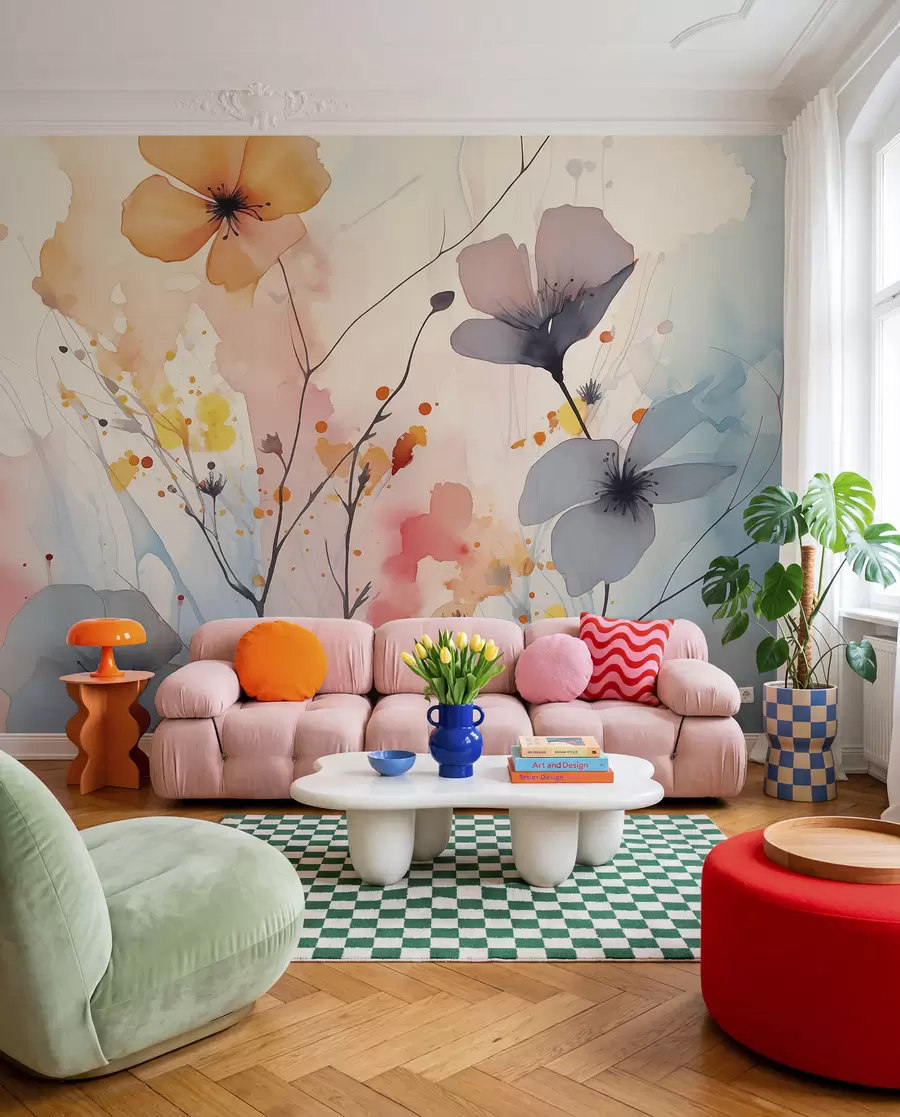 wall murals Abstract bright flowers and branches with splashes of paint wet watercolor w02049