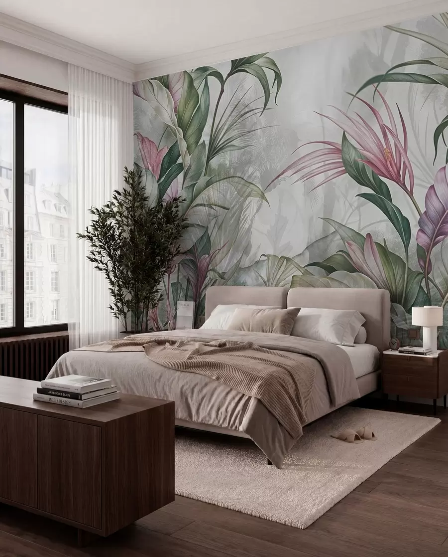 wall murals Tropical jungle with large green leaves and pink protea flowers with blurred textured background w08375