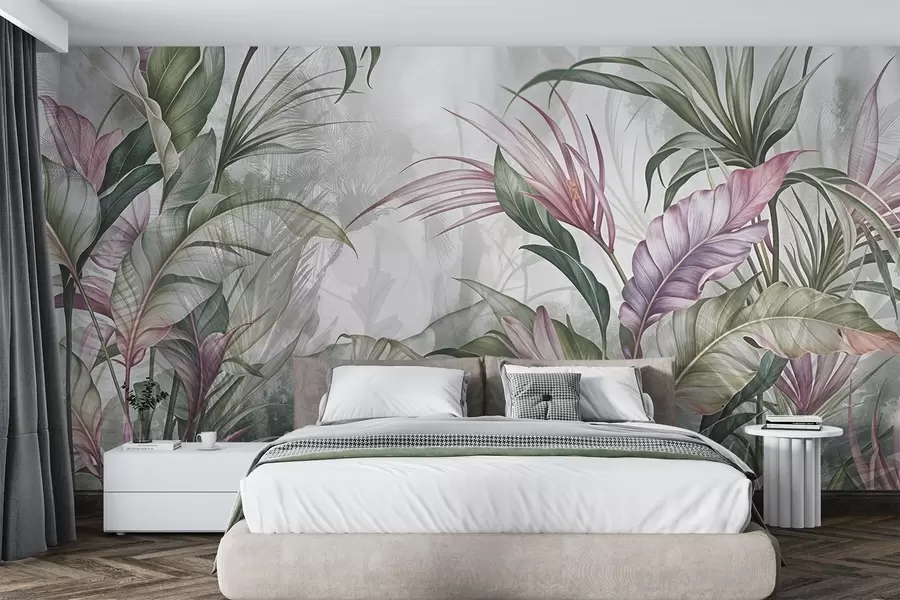 wall murals Tropical jungle with large green leaves and pink protea flowers with blurred textured background w08375