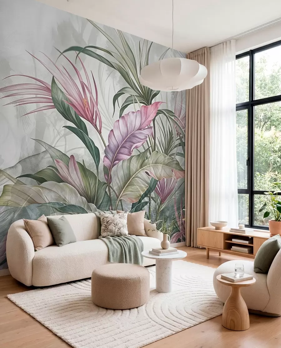 wall murals Tropical jungle with large green leaves and pink protea flowers with blurred textured background w08375
