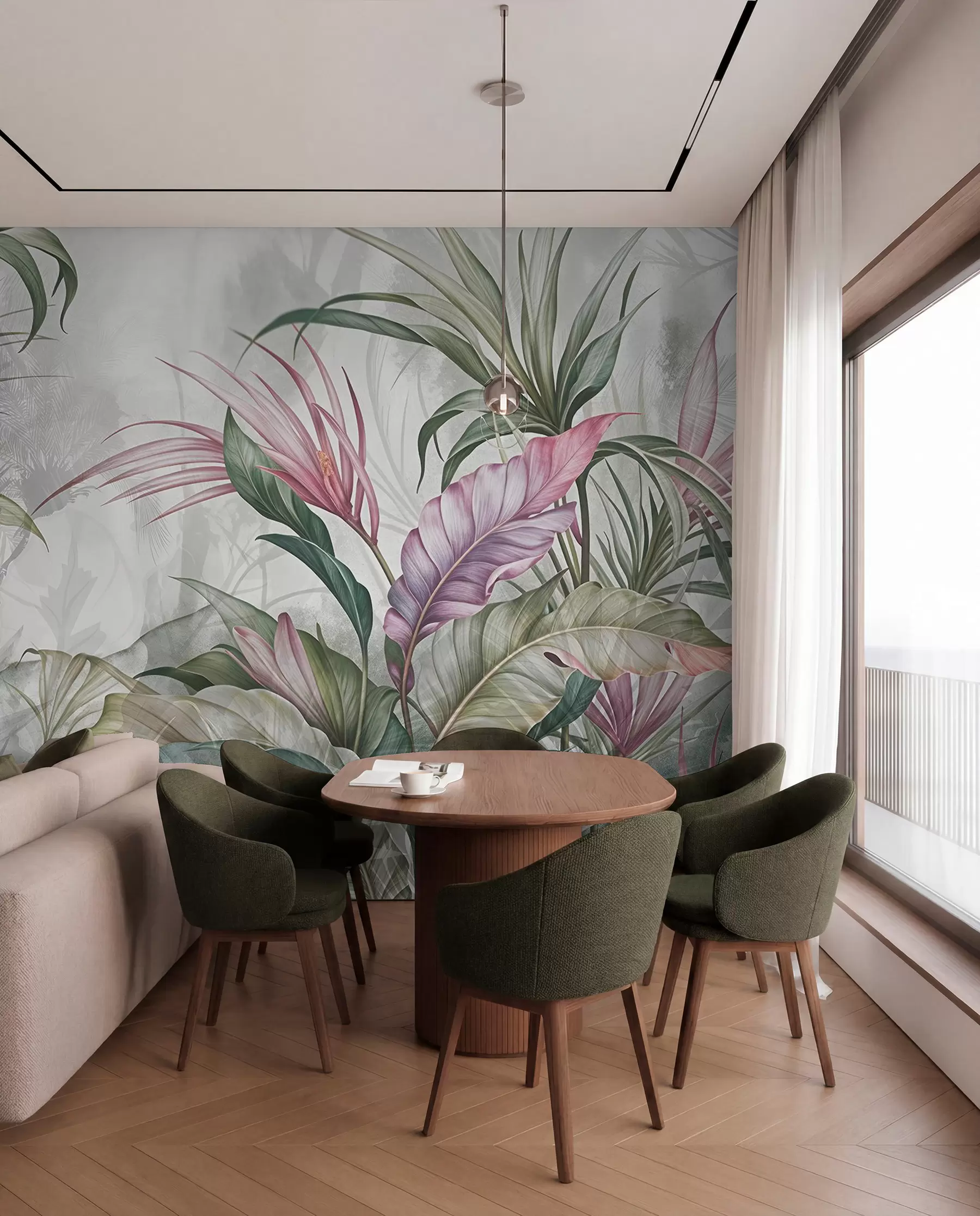 wall murals Tropical jungle with large green leaves and pink protea flowers with blurred textured background w08375