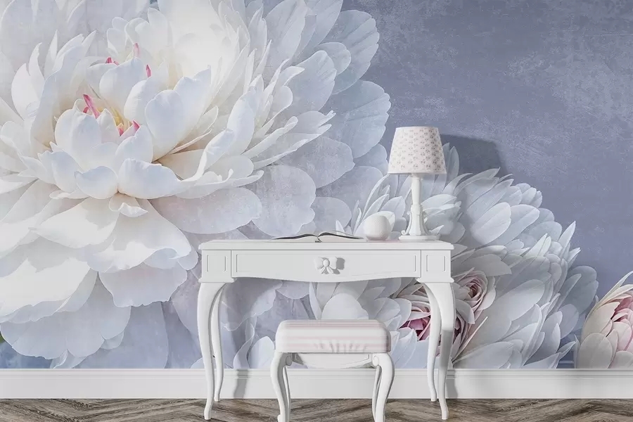 wall murals White detailed peony flowers with soft, delicate petals against a light pastel blue textured background w08379