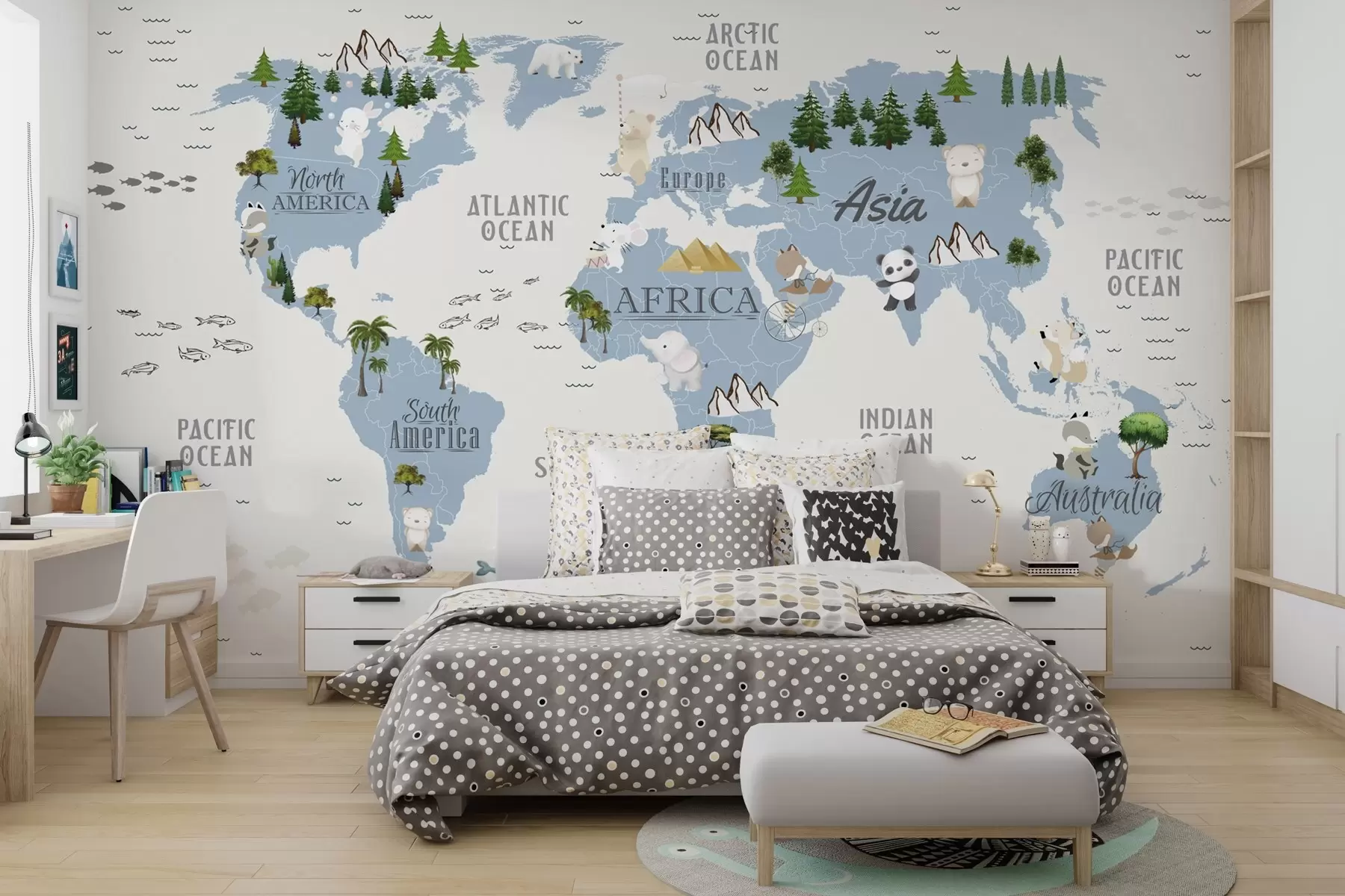 wall murals World map featuring unique wildlife u99440