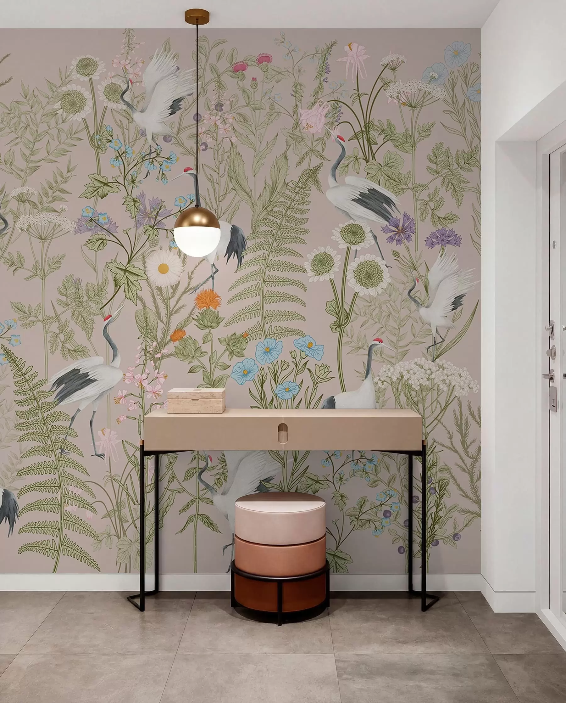 wall murals Elegant cranes among vibrant blooms w00380