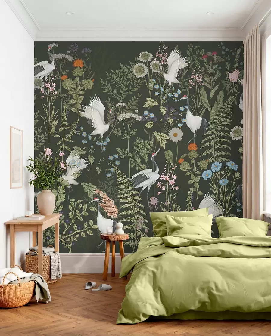 wall murals Cranes dancing among vibrant flowers w00380v2