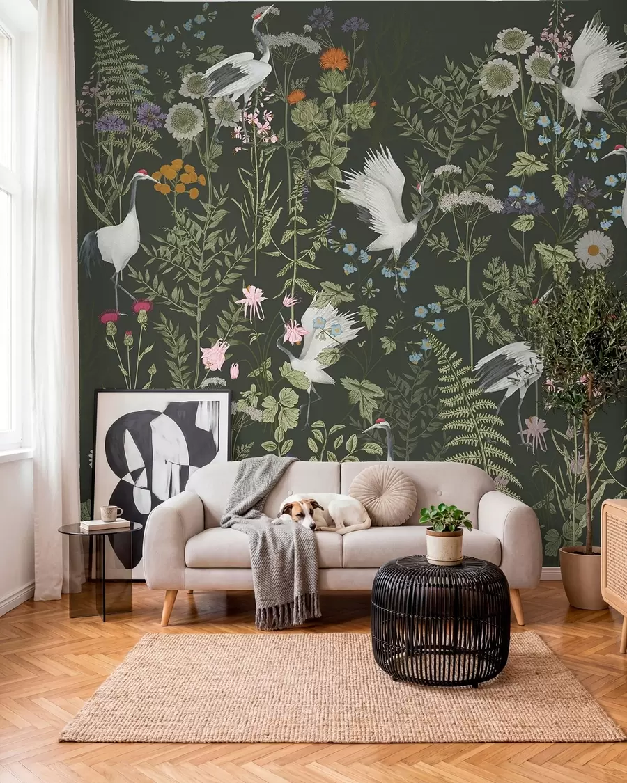 wall murals Cranes dancing among vibrant flowers w00380v2
