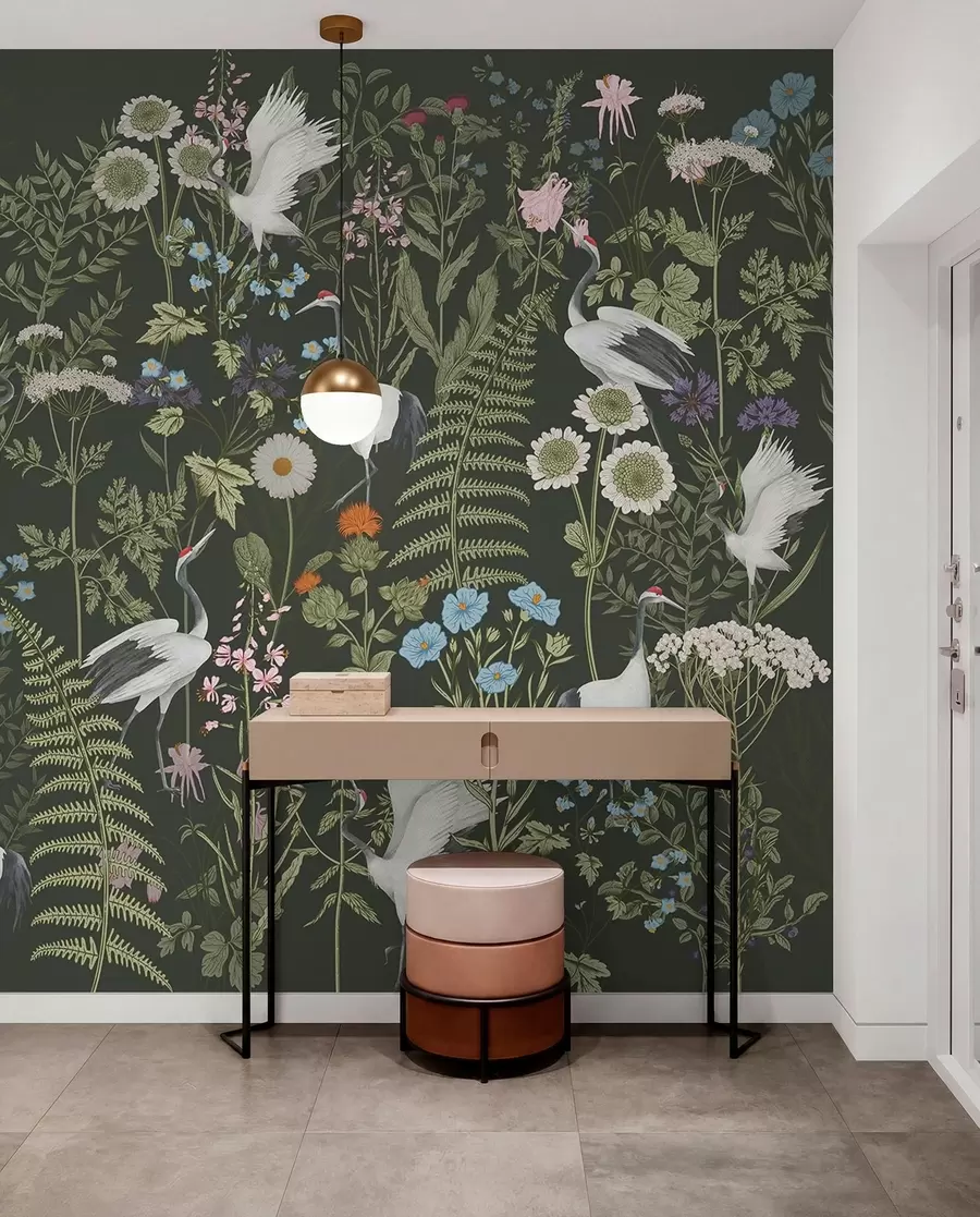 wall murals Cranes dancing among vibrant flowers w00380v2