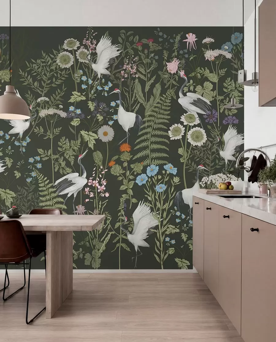 wall murals Cranes dancing among vibrant flowers w00380v2