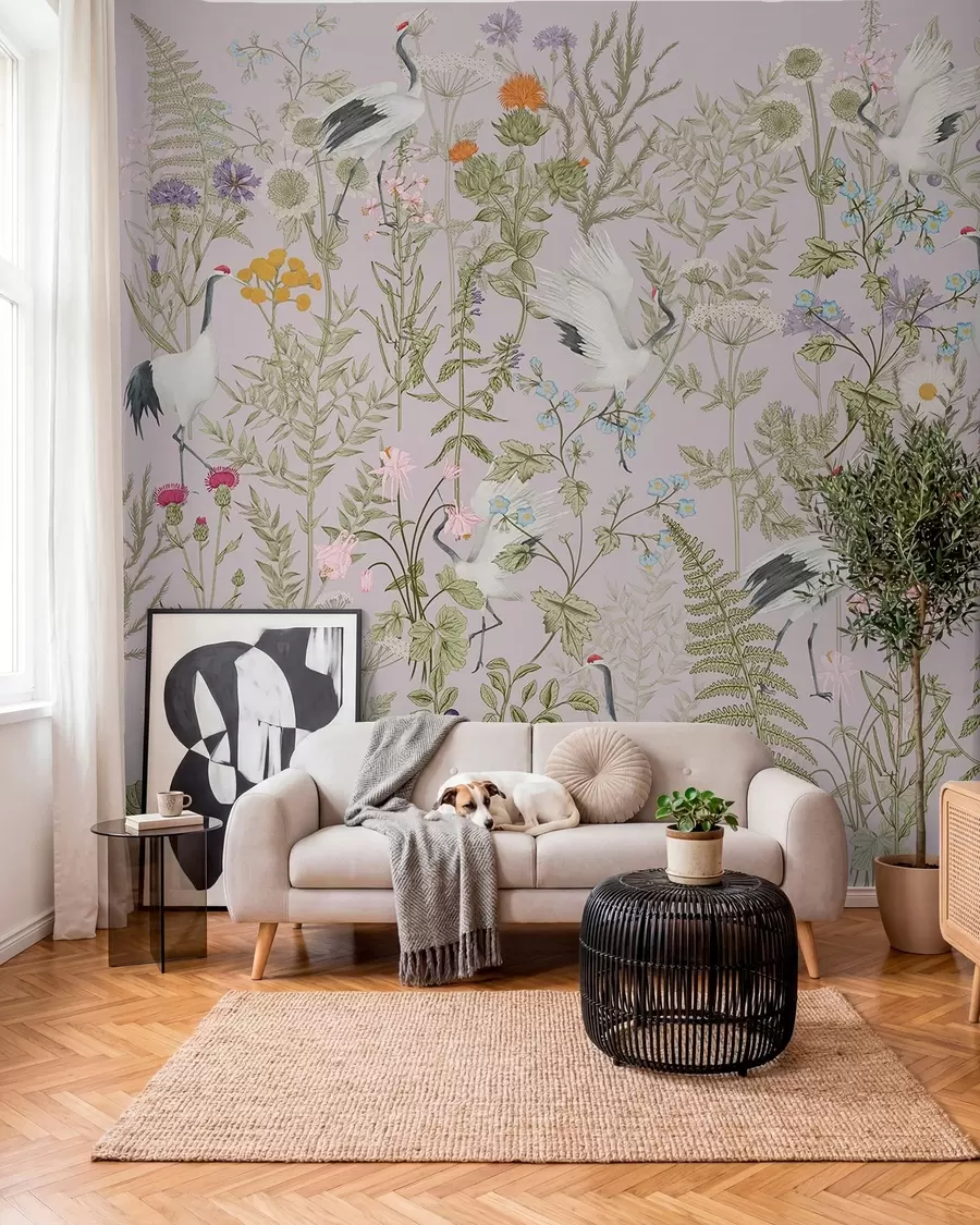wall murals Elegant cranes amidst vibrant blooms w00380v3
