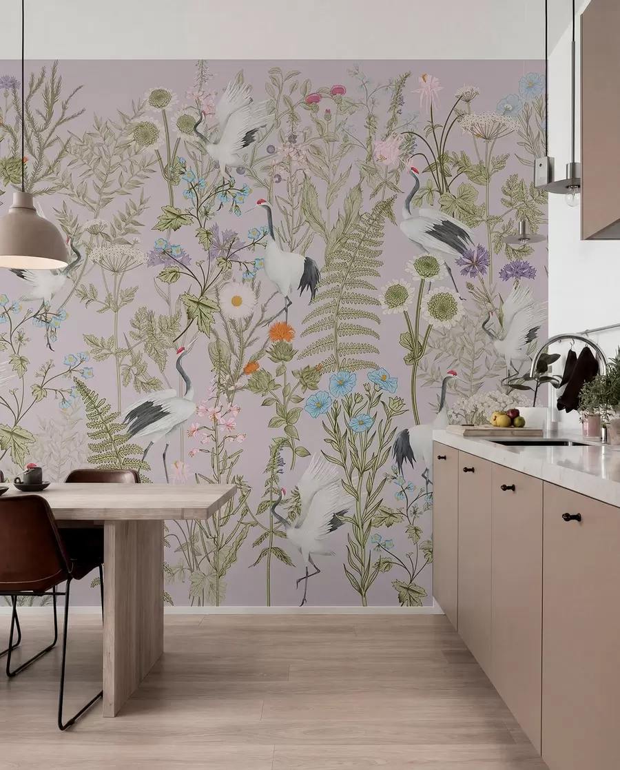 wall murals Elegant cranes amidst vibrant blooms w00380v3