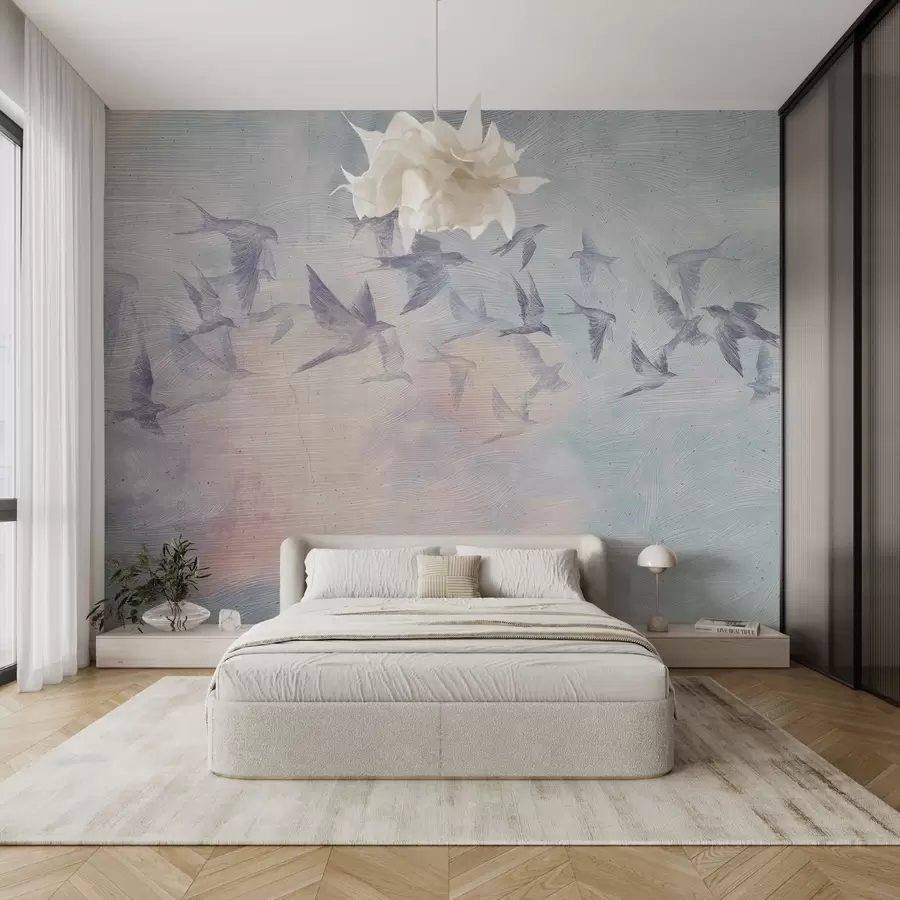 wall murals Flock of birds in soft hues w00702