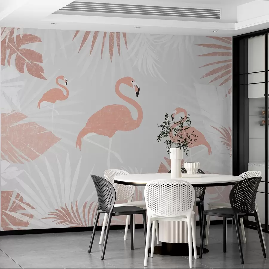 wall murals Flamingos among tropical leaves design w00791