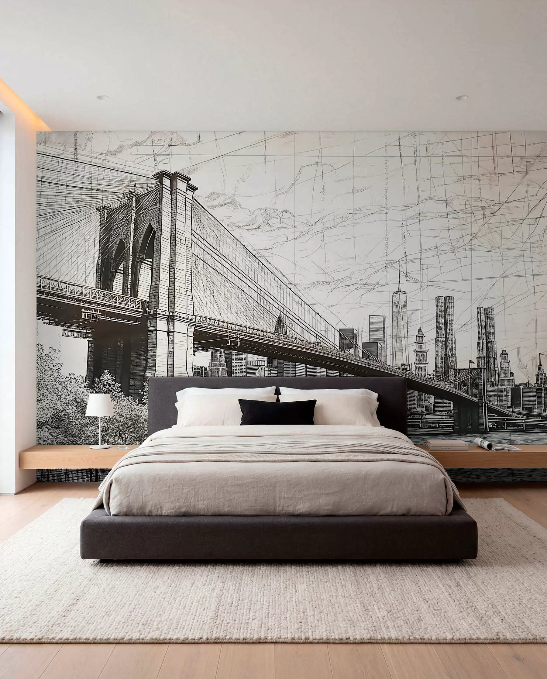 wall murals Panorama of the Brooklyn Bridge made in a sketchy retro technique with lines and scratches w01961