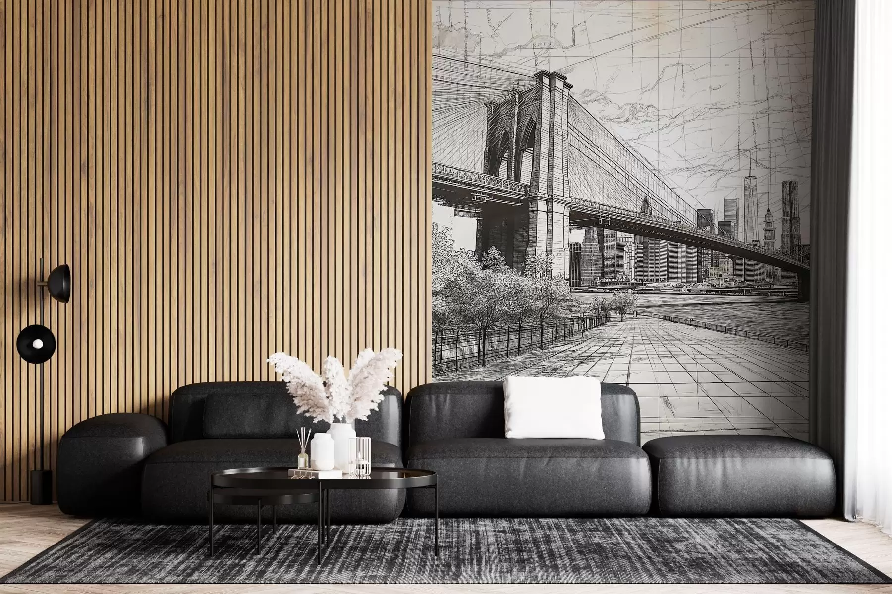 wall murals Panorama of the Brooklyn Bridge made in a sketchy retro technique with lines and scratches w01961