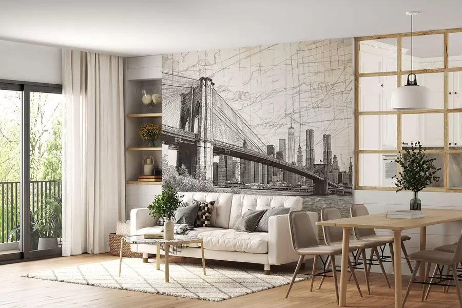 wall murals Panorama of the Brooklyn Bridge made in a sketchy retro technique with lines and scratches w01961