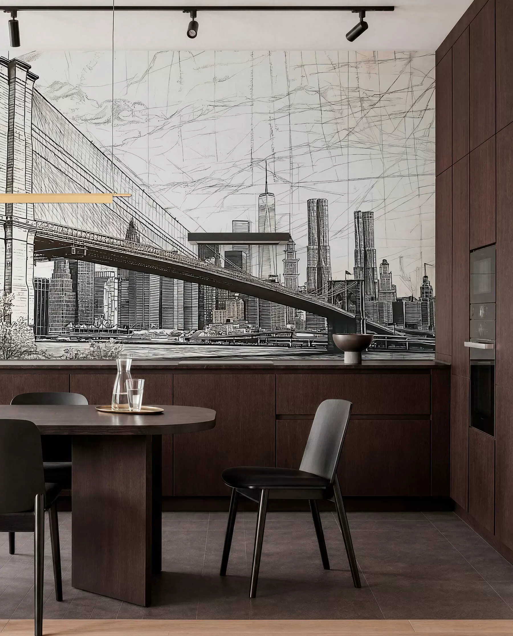 wall murals Panorama of the Brooklyn Bridge made in a sketchy retro technique with lines and scratches w01961
