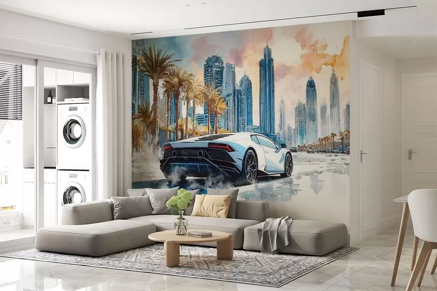 wall murals A white modern sport car racing against the background of palm trees and skyscrapers in free watercolor technique w01963